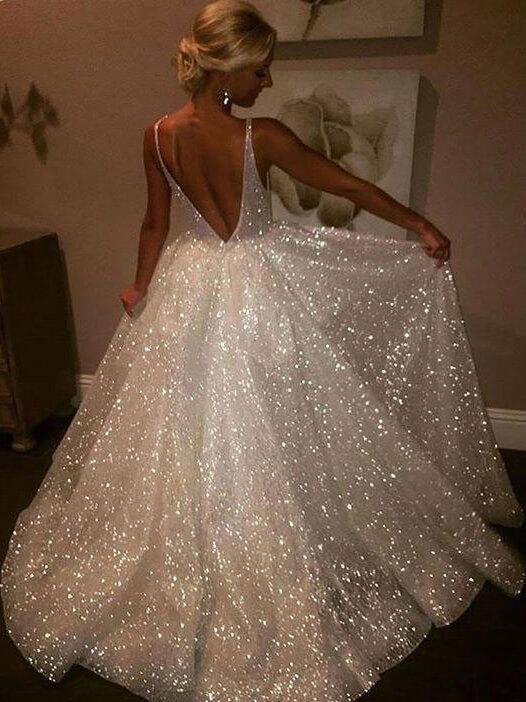 A Line Backless Beach Wedding Dress V Neck Sequins Ivory Wedding Gowns 1200x1200