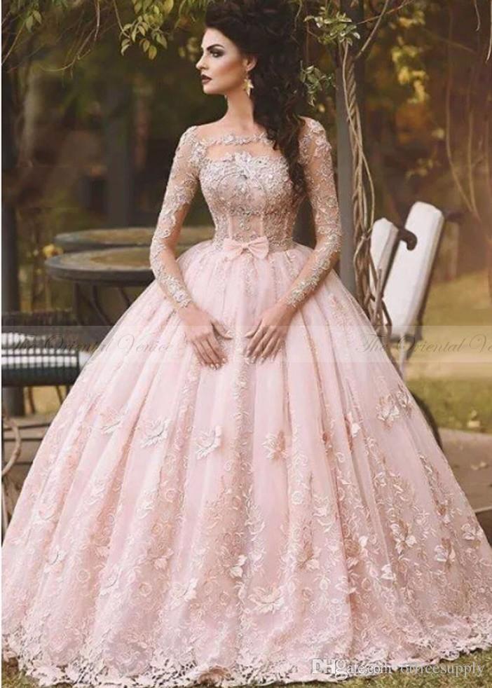 Blush Bridal Gowns Luxury Vestido De Novia 2019 Country Blush Pink Lace Ball Gown Wedding Dress Long Sleeves Boat Neck 3d Flora Princess Bridal Gowns Arabic Dubai