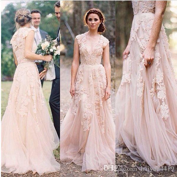 Blush Colored Wedding Dresses Inspirational Discount 2018 Cheap Country A Line Wedding Dresses V Neck Full Lace Appliques Blush Pink Champagne Long Sweep Train Reem Acra formal Bridal Gowns A