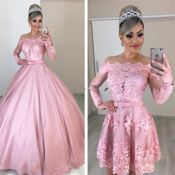 Blush Gowns Fresh 2019 Blush Pink Prom Dresses with Detachable Ball Gown Train Applique Lace Arabic Two Pieces evening Party Gowns Plus Size Vestido De Festa Floral