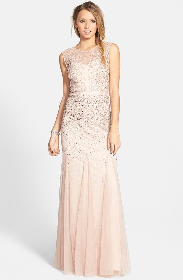 Blush Gowns Luxury Beaded Chiffon Gown by Adrianna Papell Sequins Illusion