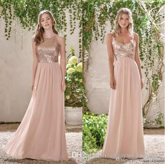 Blush Pink and Gold Bridesmaid Dresses New Sparkly Rose Gold Sequined Bridesmaid Dresses 2019 Long Chiffon Halter A Line Straps Ruffles Blush Pink Maid Honor Wedding Guest Dresses