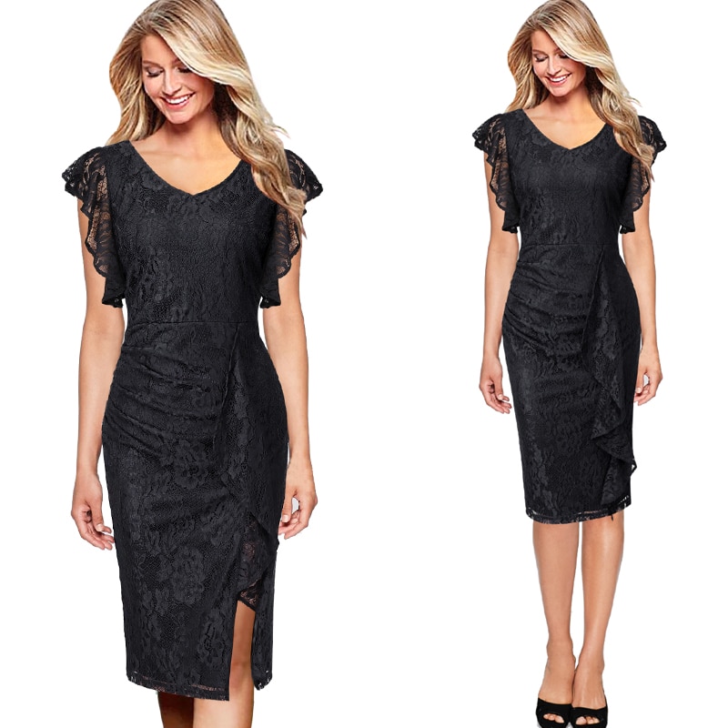 Body Fitting Dresses Beautiful Vfemage Womens Elegant V Neck Floral Lace Ruffle Sleeve Front Slit Cocktail Wedding Party Slim Fitted Bodycon Pencil Dress 2203 Junior Cocktail Dress