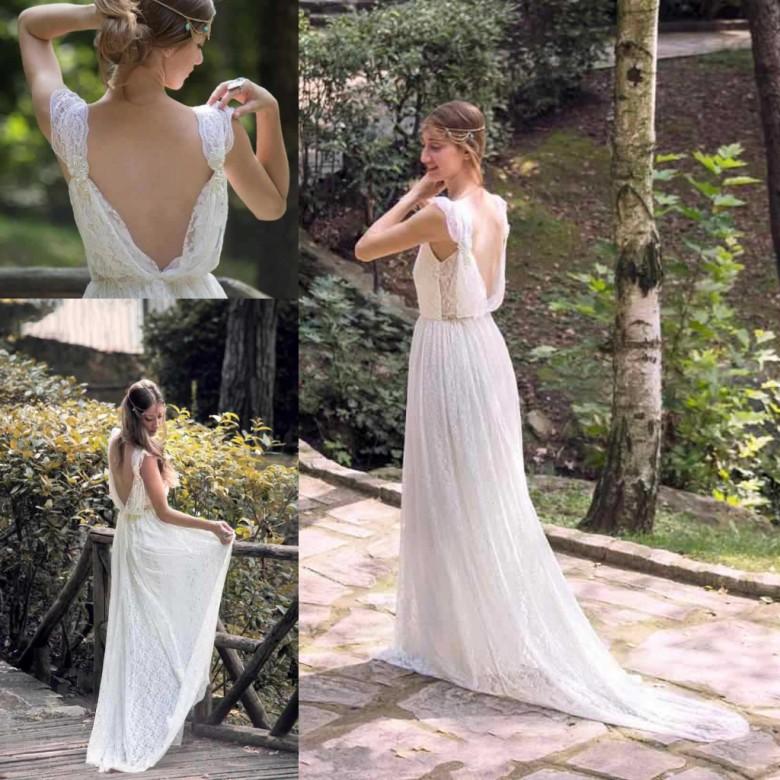 Bohemian Wedding Dresses Cheap Elegant Unique Style Y Bohemian Wedding Dresses Cap Sleeves Full Lace Open Back Pearl A Line Boho Bridal Gowns