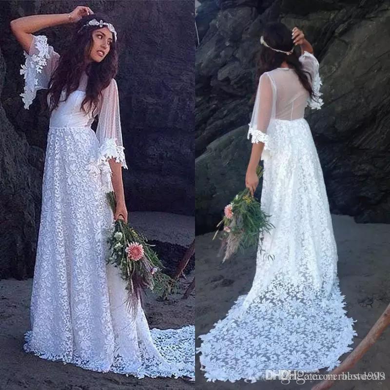 Bohemian Wedding Dresses Cheap Lovely Vintage Bohemian Wedding Dresses 2017 A Line Sheer Back Bride Gowns Sweep Train Half Sleeves Elegant Bridal Gowns for Wedding Party