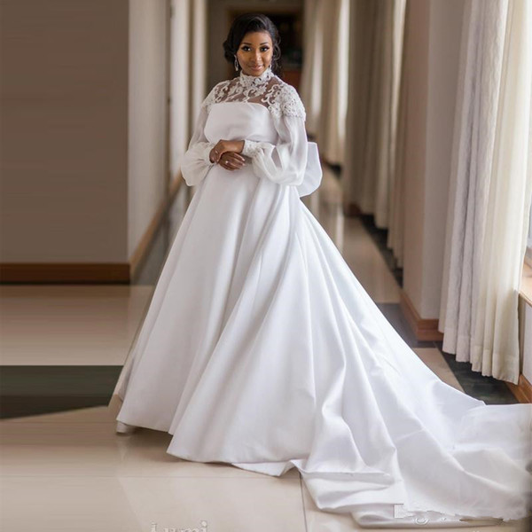Bridal Designers Elegant Discount Graceful Plus Size Satin Wedding Dresses High Collar Flare Sleeve Big Bow Tie Africa Wedding Gown Beaded Princess Bridal Dress Modest Wedding