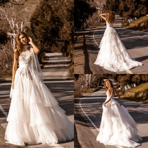 Bridal Tulle Skirt Elegant Discount Crystal Design 2020 Wedding Dresses High Neck Lace Applique Tiered Ruffles Tulle Boho Bridal Gowns Sweep Train Country Plus Wedding Dress