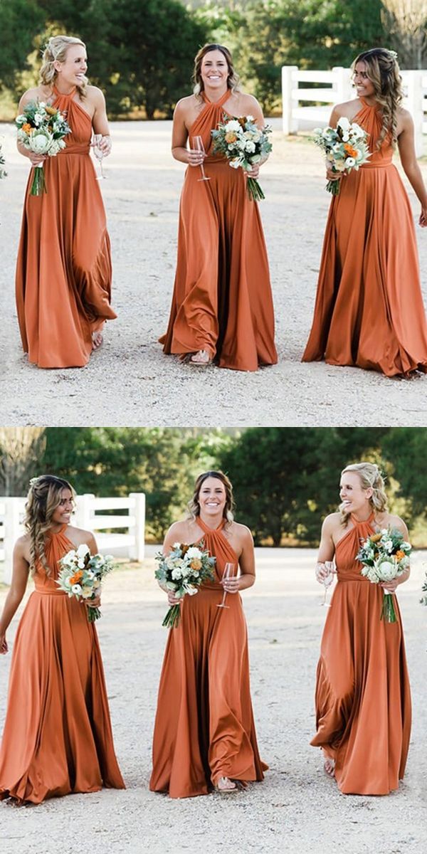 Burnt orange Wedding Dresses Elegant Burnt orange Long Bridesmaid Dresses A Line Halter Floor