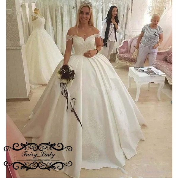 Cartoon Wedding Dresses Unique 2019 Wedding Dress for Women Appliques Vintage White Satin F Shoulder Long Puffy Ball Gown Bridal Dresses Vestido De Noiva Bargain Wedding Dresses