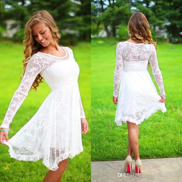 Casual Bride Dresses Elegant Discount New Casual Lace Knee Length Wedding Dresses Long Sleeve Crystals Scoop Neck Simple Design Bridal Gowns Custom Size Wedding Dresses and Prices
