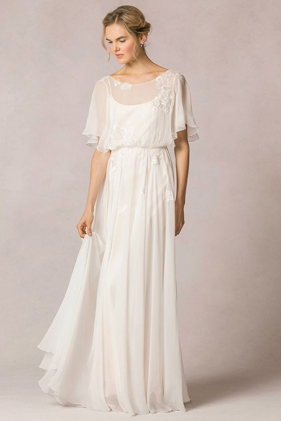 Casual Vintage Wedding Dresses Fresh Casual Flutter Sleeved Lace Decorated Silk Chiffon Vintage