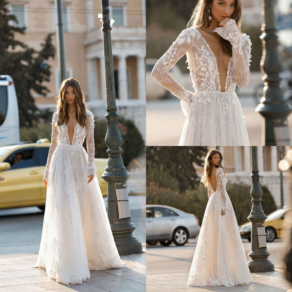 Casual Wedding Dresses for Fall Elegant Discount Berta 2019 A Line Beach Wedding Dresses Long Sleeve Sheer V Neck Lace Appliqued Bridal Gowns Sweep Train Tulle Boho Casual Wedding Dress