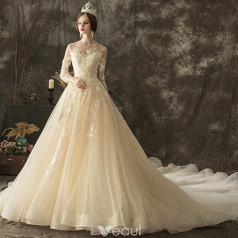 Champagne Color Wedding Dress Elegant Illusion Champagne See Through Wedding Dresses 2019 A Line