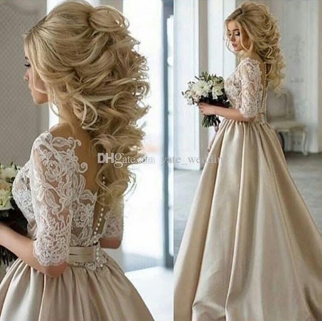 Champagne Color Wedding Dress New Discount Real Image 2018 Newest Champagne Wedding Dresses Sheer Neck Half Sleeves Appliques Lace Satin Wedding Gowns Vintage Bridal Dress