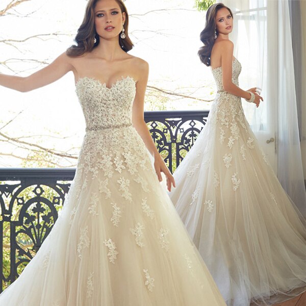 2015 Sweetheart Light Champagne Lace Applique Wedding Dress With Color Beading Sash Bridal Gowns In Stock 640x640