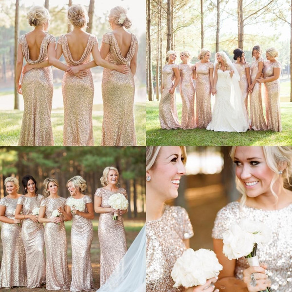 Champagne Gold Wedding Dress Luxury 2018 Mermaid Rose Gold Sequined Country Bridesmaid Dresses Short Sleeve Backlesslong Champagne Arabic Plus Size formal Wedding Guest Gowns Modest
