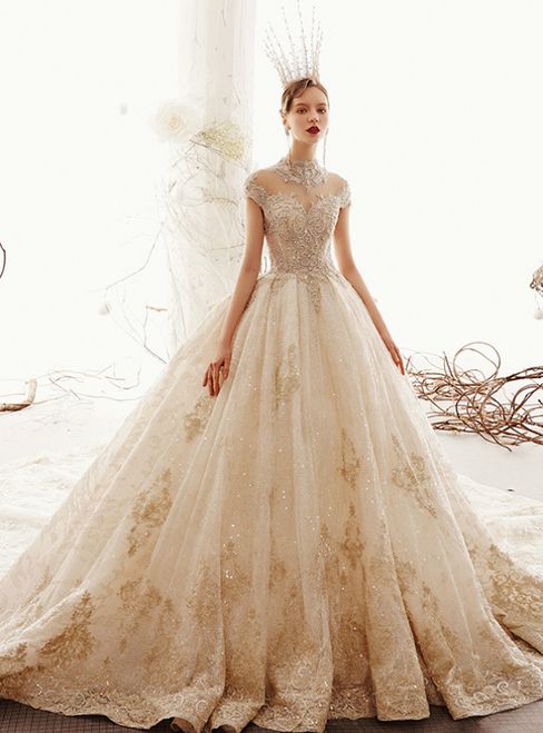 Champagne Wedding Dresses with Sleeves Lovely Champagne Ball Gown Tulle Appliques High Neck Cap Sleeve