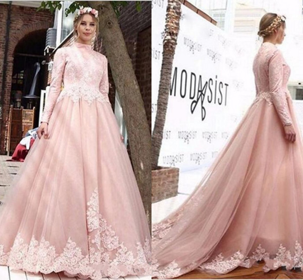 Cheap Blush Wedding Dresses Beautiful Discount Simple and Elegant 2018 A Line Pink Wedding Dresses Long Sleeves High Neck Middle East Arabic Bridal Dresses with Appliques Hot A Line