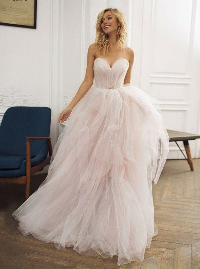 Cheap Blush Wedding Dresses Fresh A Line Princess Swetheart Neck Sleeveless Pink Sweep Train