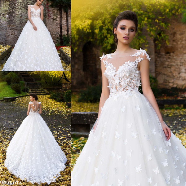 Cheap Bridal Gowns New Discount Stunning White Ball Gown Wedding Dresses Sheer Neck button Back Court Train with Handmade butterfly Bridal Gowns Vestido De Novia Bridal