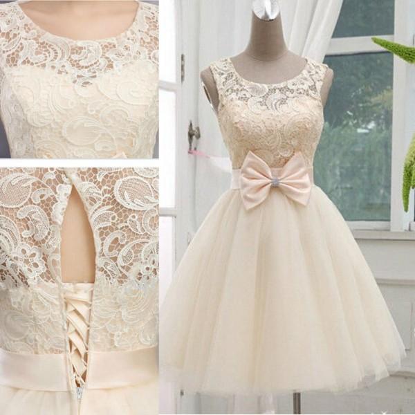 Cheap Plus Size Short Wedding Dresses Unique Discount Charming Champagne New Arrival Short Wedding Dresses Sheer Crew Neck Sleeveless Knee Length Tulle Bridal Gown Keyhole Lace Up Back Bow Sash
