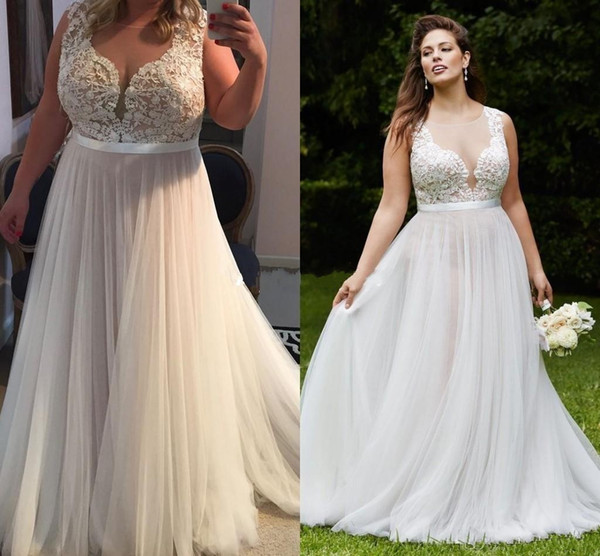 Cheap Plus Size Wedding Dresses Luxury Discount 2017 Vintage Country Lace Plus Size Wedding Dresses Sheer V Neck A Line Tulle Wedding Bridal Gown Cheap Custom Made Sweep Train Vintage