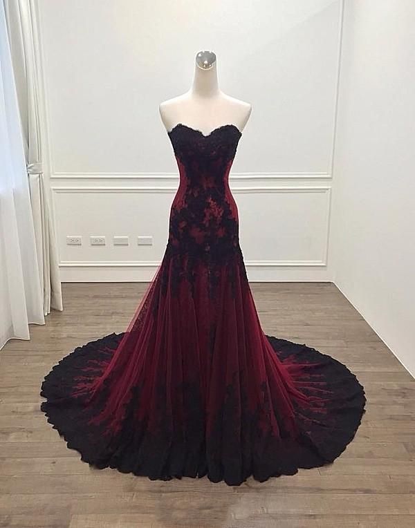 Cheap Red and Black Wedding Dresses Unique Long Sheath Sweetheart Black and Red evening Dress