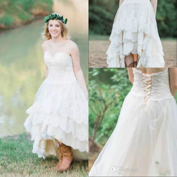Cheap Short Wedding Dresses Under 100 Lovely Discount Vintage Ivory High Low Wedding Dresses for Summer A Line Tiered Lace Fancy Lace Up Bridal Gowns Sweetheart Country Western Plus Size Line