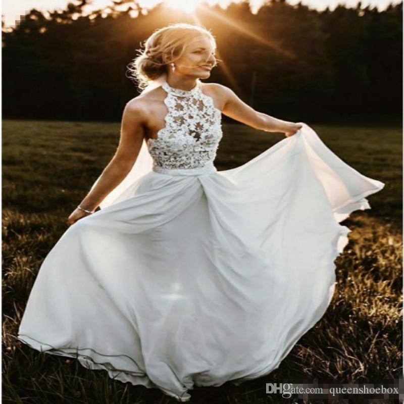Cheap Summer Wedding Dresses New Discount Summer Country Wedding Dresses High Neck top Lace Halter Full Length Chiffon Long Y Beach Boho Bridal Gowns Cheap Plus Size Under 100
