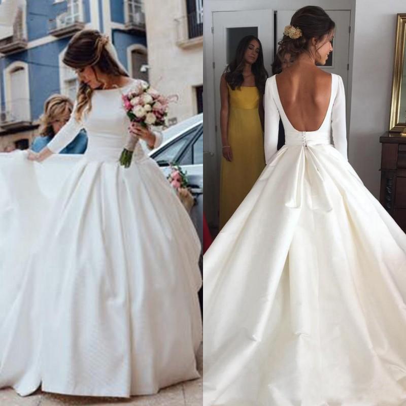 Cheap Wedding Dresses From China Awesome 2019 Backless Satin Wedding Dresses with Long Sleeves A Line Ball Gown Puffy Simple Style Bridal Gowns Custom Made Vintage Vestido De Noiva