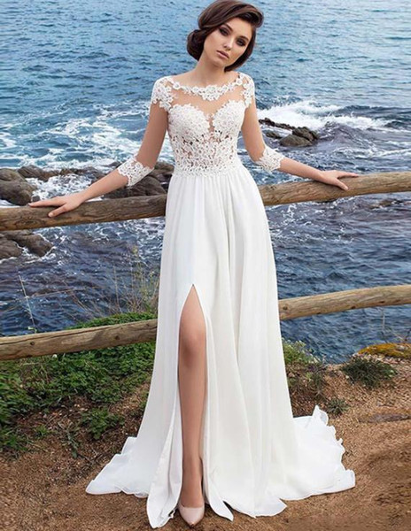 Cheap Wedding Dresses Uk Luxury Discount 2019 Bohemian Beach Lace Wedding Dress Chiffon Applique 3 4 Sleeves formal Party Dresses with Slit Bridal Gown Vestido De Novia Plus Size