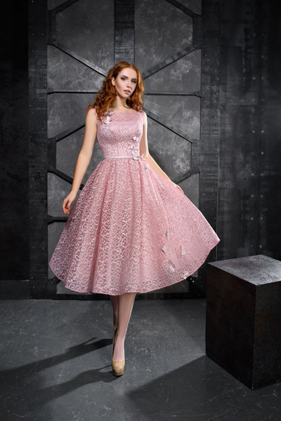 Cheap Wedding Guest Dresses New Elegant Pink Lace Mother the Bride Dresses Jewel Neck Knee Length Cheap Wedding Guest Dress A Line formal evening Gowns Mother Bride Outfits
