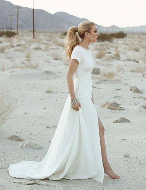 2017 Elegant Casual Beach Wedding Dress Short Sleeve Backless Front Split Chiffon Bridal Gowns vestido de 640x640