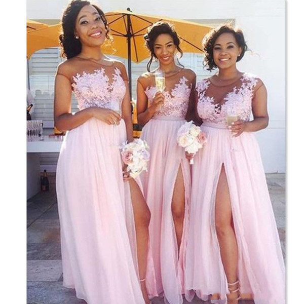 Chiffon Bridesmaid Dresses for Beach Wedding Unique Y Pink Chiffon Long Beach Country Bridesmaid Dresses Illusion top Floral Boat Neck formal Prom Dress Front Slit Maid Honor Gown Robes Navy Blue