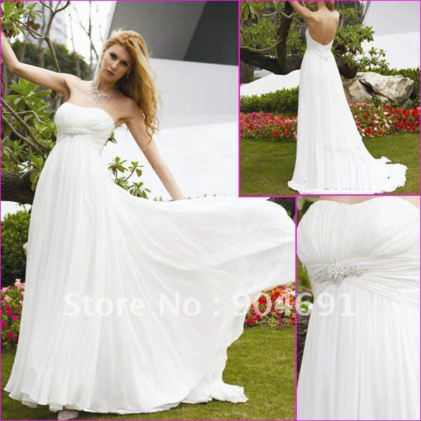 100 Gurantee Strapless White Chiffon Bridal Dress Beaded Empire Waist Wedding Dress Maternity Pregnant Bridal Gown