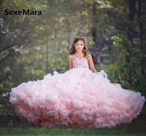 Cloud Pink Long Flower Girls Dresses for Wedding Kids Pageant Gown Girls Birthday Dress Evening Gowns