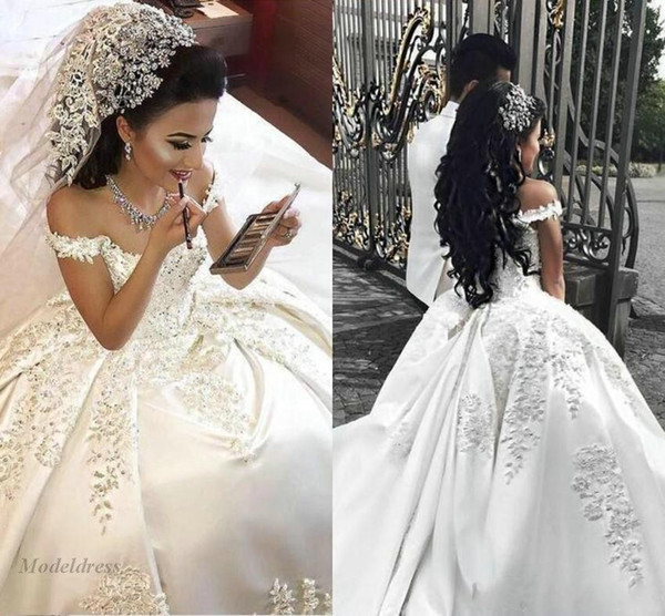 China Wedding Dresses Awesome 2018 New Arabic Ball Gown Wedding Dresses F Shoulder Illusion Lace Applique Crystal Beaded Satin Long Plus Size formal Bridal Gowns Wedding Dresses