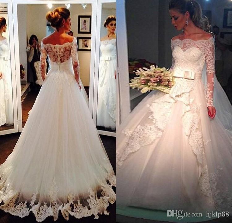 China Wedding Dresses Fresh Elegant F Shoulder Lace Wedding Dresses with Long Sleeves 2016 Winter Spring Modest Western Country Church Bridal Gowns Vintage Beaded