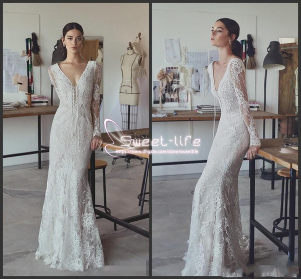 Clasic Wedding Gowns Unique Vintage Lace 2019 Mermaid Wedding Dresses Custom Made Plunging Neckline Wedding Gowns Floor Length Long Sleeves Wedding Dress Robe De Mariee Gowns