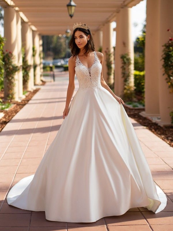 Classic Wedding Dress Luxury Moonlight Collection S J6742 Satin A Line Bridal Gown In