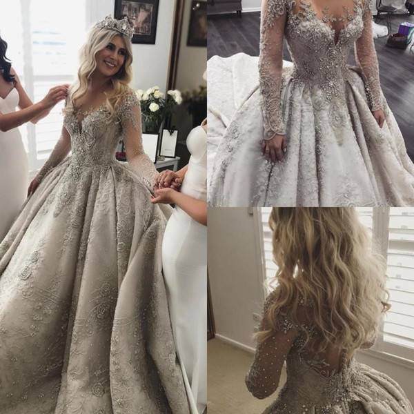 Classic Wedding Dresses Lovely Discount Long Sleeves Lace Ball Gown Wedding Dresses Rhinestone Jewel Neck Vintage Wedding Dress Full Beads Applique Ball Gown Bridal Gowns Princess