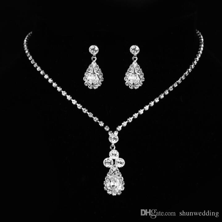 Clearance Bridal Sets Elegant New Crystal Water Drop Bridal Wedding Jewelry Sets Rhinestone Necklace Earrings Jewelry Set Gifts for Bridesmaids High Quality