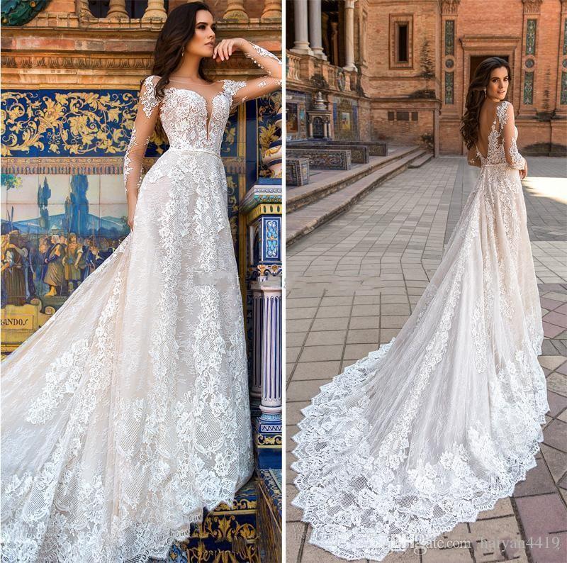 Clearance Wedding Gowns Inspirational Wedding Dresses Sheer Bateau Neck Keyhole Full Lace Applique Long Sleeves Illusion V Back Cathedral Train Plus Size Bridal Gowns