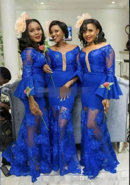 Cobalt Blue Dresses for Wedding Guests Lovely Royal Blue Mermaid Bridesmaid Dresses Saudi Arabic Long Sleeves Scoop Wedding Guest Gowns See Through Y Maid Honor Dress Bridesmaid Dresses