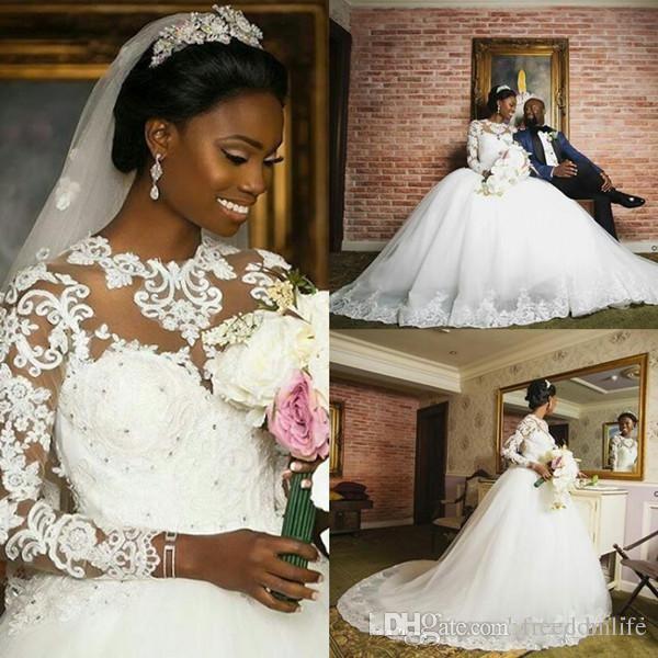 Colorful Wedding Dresses 2015 Elegant 2018 African Ball Gown Country Wedding Dresses Jewel Long Sleeve Sweep Train Bridal Gowns with Applique Tulle Plus Size Wedding Dress