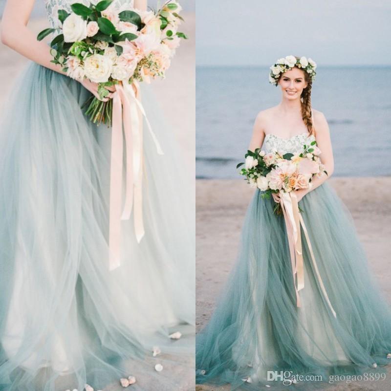 Colorful Wedding Gowns Awesome Fairy Colorful Country Beach Wedding Dresses Bridal Gowns Strapless Sweetheart Lace Tulle Pale Blue Tulle Sweep Train Petals