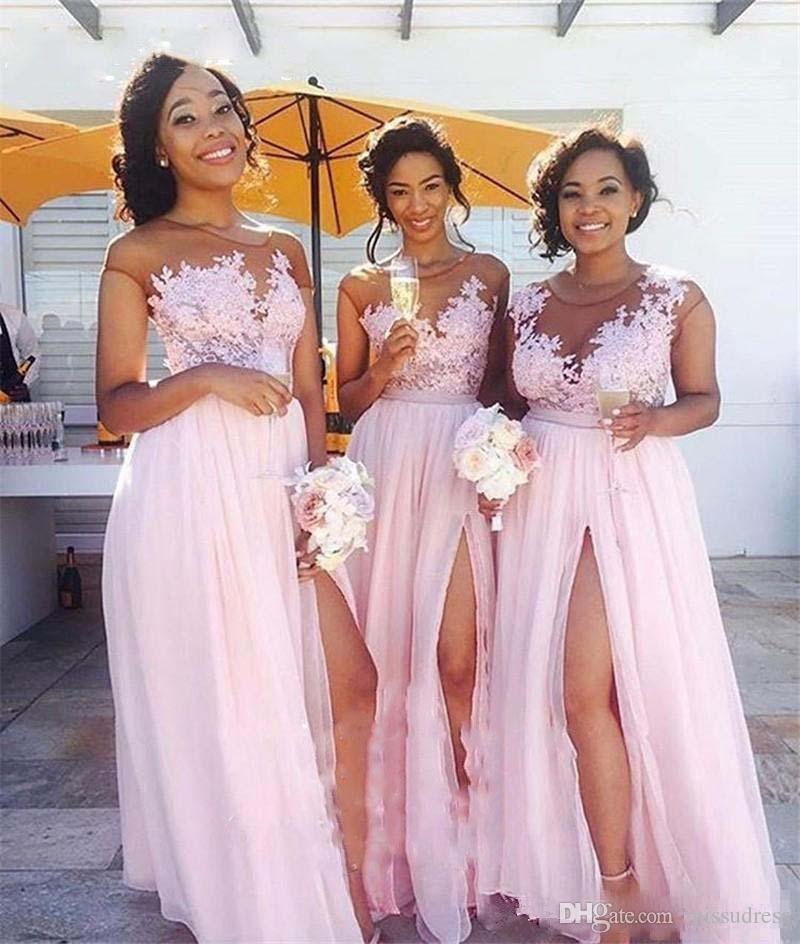 Coral Dresses for Wedding Elegant Light Pink Bridesmaid Dresses 2019 Lace top A Line Wedding Bridesmaid formal Dress Custom Made Cheap formal Dress Front Split
