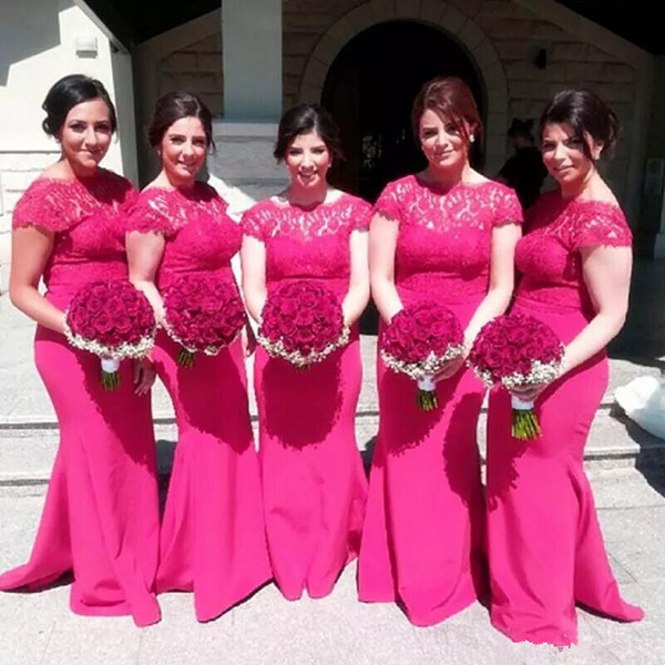 Corset Bridesmaid Dresses New 2018 Hot Y Fuchsia Bridesmaid Dresses Mermaid Lace top Short Sleeves Plus Size Maid Honor Wedding Guest Gowns Sweep Train Classic Bridesmaid
