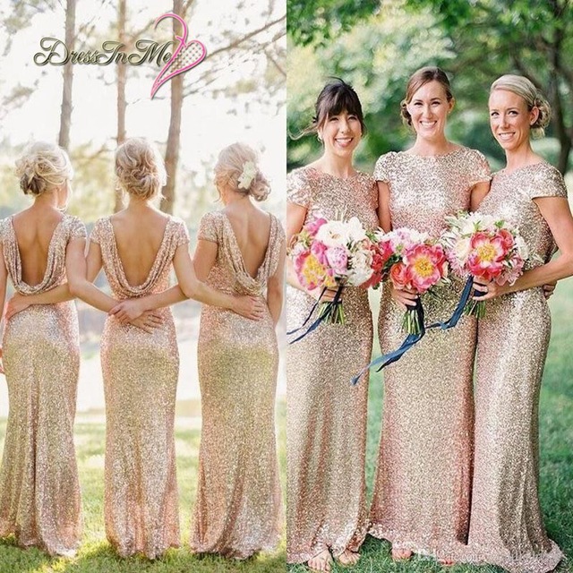 2017 Sparkly Pale Gold Sequined Sheath Bridesmaid Dress Cowl Back Short Sleeves Floor Length Formal Dress 640x640