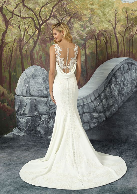 Cowl Back Wedding Dress Elegant Style 8923 Crepe Fit and Flare Wedding Dress with attached